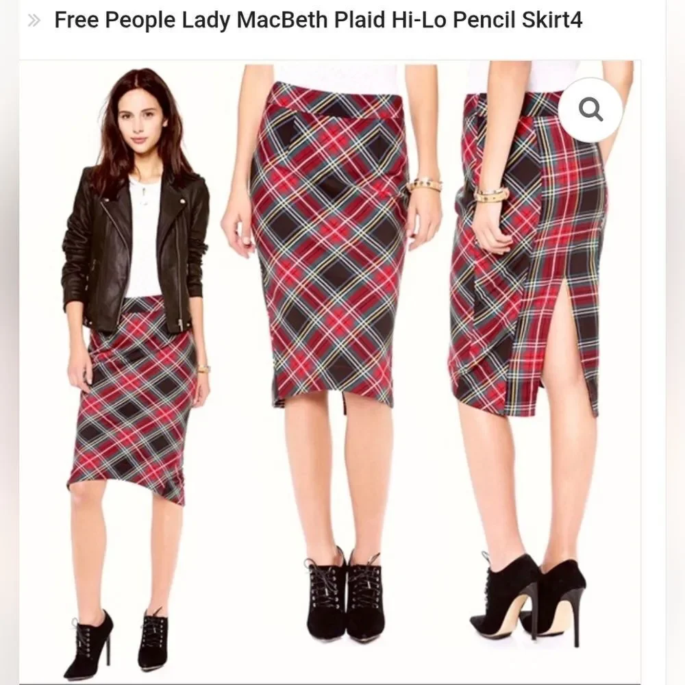 Free People Red Plaid Tartan Pencil Skirt